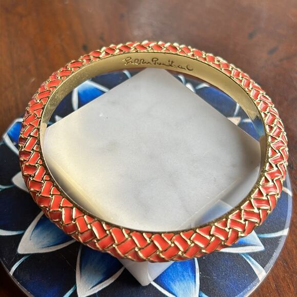 Lilly Pulitzer Basket Case Weave Orange Enamel Gold Tone Bangle Bracelet #629 - Picture 2 of 11